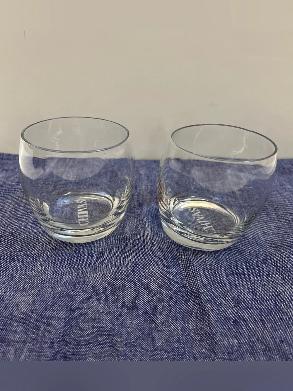 Whiskey Chivas Regal Scotch Set of 2 Rocks Lowball Glasses Slanted Tilted Etched